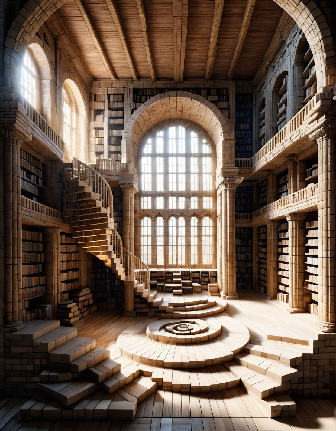 An ais-wdnblcks ancient library, shelves stocked with countless books, a spiral staircase winding up to the shadowy recesses, and a large, arched window casting beams of light across the dusty floor. <lora:ais-wdnblcks-sdxl:1>