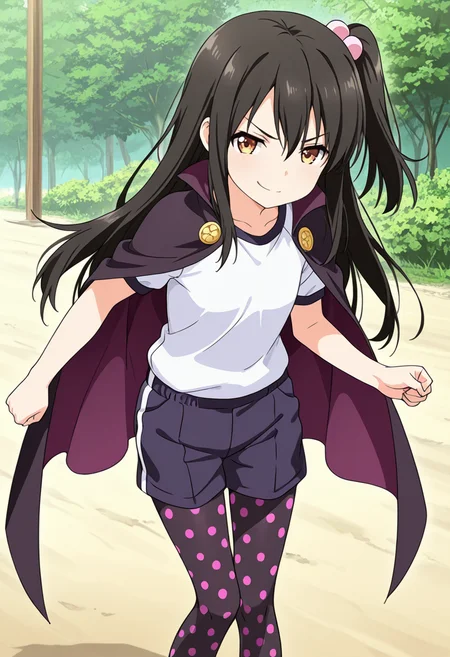 masterpiece,high quality details,
outdoors, 
 <lora:Adachi_Tenka:0.8> tenka_cnr, 1girl, black hair, long hair,brown eyes,hair between eyes, one side up,, angry,smirk,, cape,gym shirt,shorts, ,polka dot legwear pantyhose,