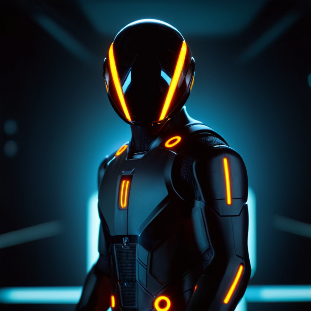 cinematic film still of <lora:add-detail-xl:0.1>1
<lora:detailed:0.3> realism
<lora:perfection style:0.2> perfect
<lora:eyetune:0.6>
<lora:xl_more_art-full_v1:0.1>
<lora:Ron Fricke style:0.3>
<lora:Unreal Engine style:0.3>
<lora:TeethXL:0.3>
<lora:Chiaroscuro Lighting Style:0.3> Chiaroscuro Lighting Style
 <lora:Tron style:1>
In a futuristic sci-fi glowing world a man in a futuristic suit with glowing orange lights,solo,1boy,upper body,male focus,blurry,bodysuit,glowing,helmet,science fiction , action movie themed, science fiction movie themed, sharp, detailed, epic cinematic photography, artistic, dramatic light, cinematic color style, Kodak film style, Tron style, shallow depth of field, vignette, highly detailed, high budget, bokeh, cinemascope, moody, epic, gorgeous, film grain, grainy