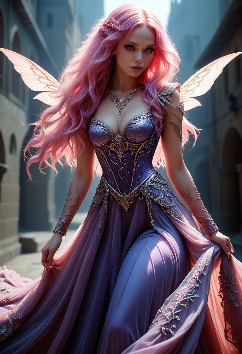 An epic photo of a magical CivChan, pink hair, purple eyes, wearing a long fantasy dress, DonM3lv3sXL, masterpiece, best quality, highly detailed, sharp focus, dynamic lighting, flux-style
