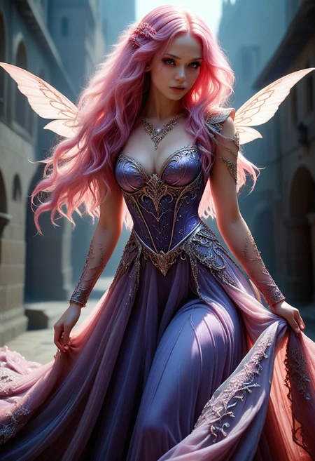 An epic photo of a magical CivChan, pink hair, purple eyes, wearing a long fantasy dress, DonM3lv3sXL, masterpiece, best quality, highly detailed, sharp focus, dynamic lighting, flux-style
