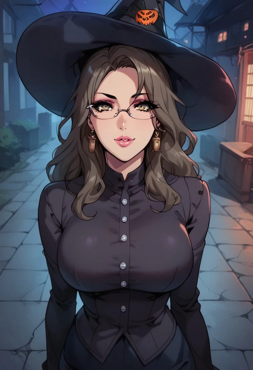score_9, score_8_up, score_7_up, Expressiveh, g0thicPXL, high quality, 1girl, solo, long brown hair, yellow eyes, lipstick, eyeliner, hud_tr4d_w1tch, witch hat, knee length dress, long sleeves, buttons, trick or treat, halloween, walking through fantasy town, town square, 18 year old, 1girl, sexy girl, (pouty lips), bimbo lips, riofutaba, rio futaba, long hair, brown hair, large breasts, natural breasts, hair ornament, glasses, looking at viewer, solo, sexy, glamor, sexy pose, flirty, seductive, skindentation, seductive expression, horny, aroused, naughty face, erotic, motion lines, people watching, smile, high heels, view from above