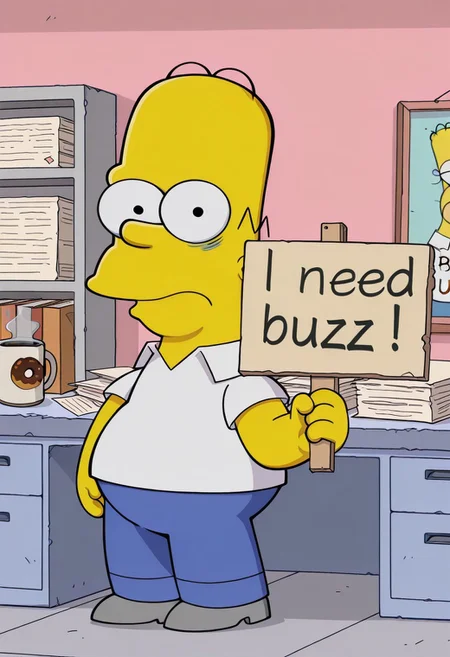 (chibi Homer Simpson:1.5), (1boy:1.2), (solo:1.2), (tired with eye bags:1.3), (holding a sign that says "I need buzz":1.6), (need_buzz:1.5), (white shirt:1.2), (blue pants:1.2), (grey footwear:1.1), (chaotic office setting:1.3), (messy desk with papers and coffee cups:1.2), (staring at a donut shaped like a battery:1.4), (funny cartoon expression:1.3), (Bart Simpson chibi and Lisa Simpson chibi playing hide and seek behind desks:1.4), (cute proportions:1.4), (big eyes and exaggerated tired face:1.3), (cartoon style:1.4), (soft lighting:1.2), (pastel tones:1.1), (funny office scene:1.3), (holding sign:1.4), (homer:1.4)