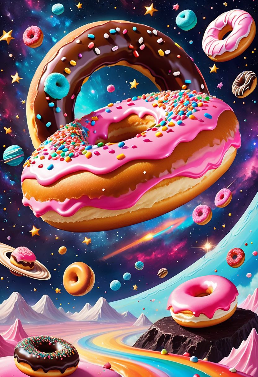 A whimsical fantasy spaceship in a form of donuts, flying through the space, long trail of sweets behind. In the distance, planets resembling massive donuts with colorful glazes and sprinkles orbit lazily. Asteroids made of rock candy and gumdrops drift by. The starry background is a swirling cosmos of cotton candy nebulae and licorice vines.