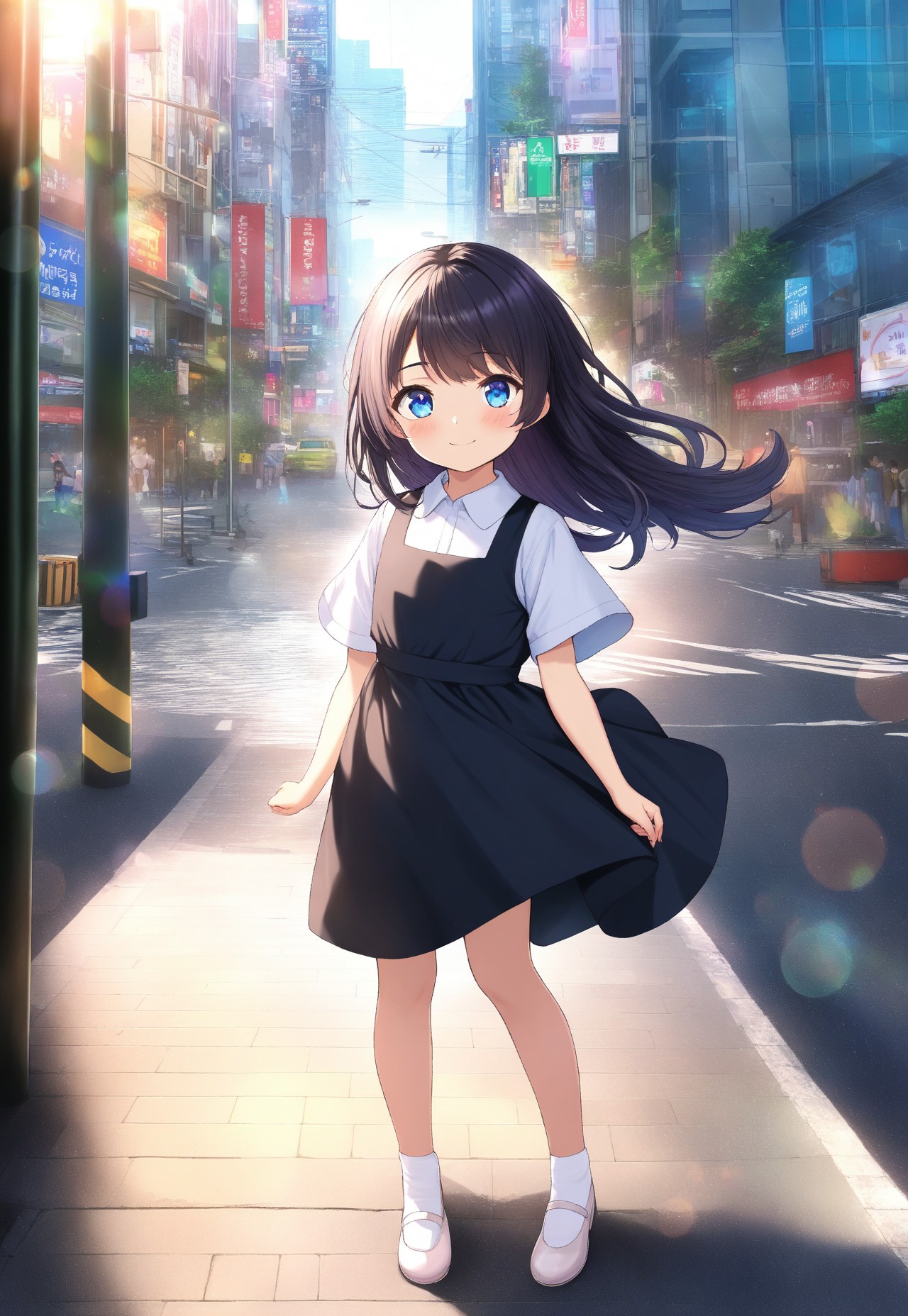 masterpiece, best quality,amazing quality,(1girl), solo,(depth of field),(solo focus),8K,HDR,(ultra high res),(highres),(full body),(lens flare),smile,blush,(black hair),(long hair),(blue eyes),(floating hair), sidelocks,(malaysian secondary school uniform),(pinafore dress),(black skirt),(black pinafore),(collared shirt),(white shirt),(short sleeves),(white socks),(short socks),(white footwear),(ballet flat),(outdoor),(cityspace),(city),(street),(lampost),(standing),(looking at viewer),child