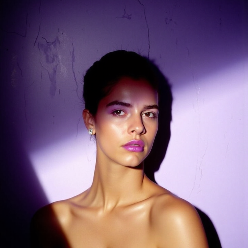 analog film photo surrealist art ultra realistic, ultra detailed, ultra quality, ultra lighting, cinematic, ethereal ambience, ethereal presence , tight half-body analog portrait of a woman leaning against a lilac-painted wall with faint cracks and texture, strong twilight light casting a long horizontal shadow across her eyes, her lips coated in sheer violet gloss, tension in her jaw, smooth dark hair pinned behind the ear, minimalist silver jewelry reflecting ambient hues, background subtly gradients from lavender to deep plum, shot on Canon F-1 with Cinestill 400D, warm grain and subtle halation, a portrait of color-driven stillness and suppressed emotion
 <lora:Beautifulartisticportraitsv.1.4:1> aesthetic, surr34l . dreamlike, mysterious, provocative, symbolic, intricate, detailed, RAW candid cinema, 16mm, color graded portra 400 film, remarkable color, ultra realistic, textured skin, remarkable detailed pupils, realistic dull skin noise, visible skin detail, skin fuzz, dry skin, shot with cinematic camera . faded film, desaturated, 35mm photo, grainy, vignette, vintage, Kodachrome, Lomography, stained, highly detailed, found footage