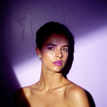 analog film photo surrealist art ultra realistic, ultra detailed, ultra quality, ultra lighting, cinematic, ethereal ambience, ethereal presence , tight half-body analog portrait of a woman leaning against a lilac-painted wall with faint cracks and texture, strong twilight light casting a long horizontal shadow across her eyes, her lips coated in sheer violet gloss, tension in her jaw, smooth dark hair pinned behind the ear, minimalist silver jewelry reflecting ambient hues, background subtly gradients from lavender to deep plum, shot on Canon F-1 with Cinestill 400D, warm grain and subtle halation, a portrait of color-driven stillness and suppressed emotion
 <lora:Beautifulartisticportraitsv.1.4:1> aesthetic, surr34l . dreamlike, mysterious, provocative, symbolic, intricate, detailed, RAW candid cinema, 16mm, color graded portra 400 film, remarkable color, ultra realistic, textured skin, remarkable detailed pupils, realistic dull skin noise, visible skin detail, skin fuzz, dry skin, shot with cinematic camera . faded film, desaturated, 35mm photo, grainy, vignette, vintage, Kodachrome, Lomography, stained, highly detailed, found footage