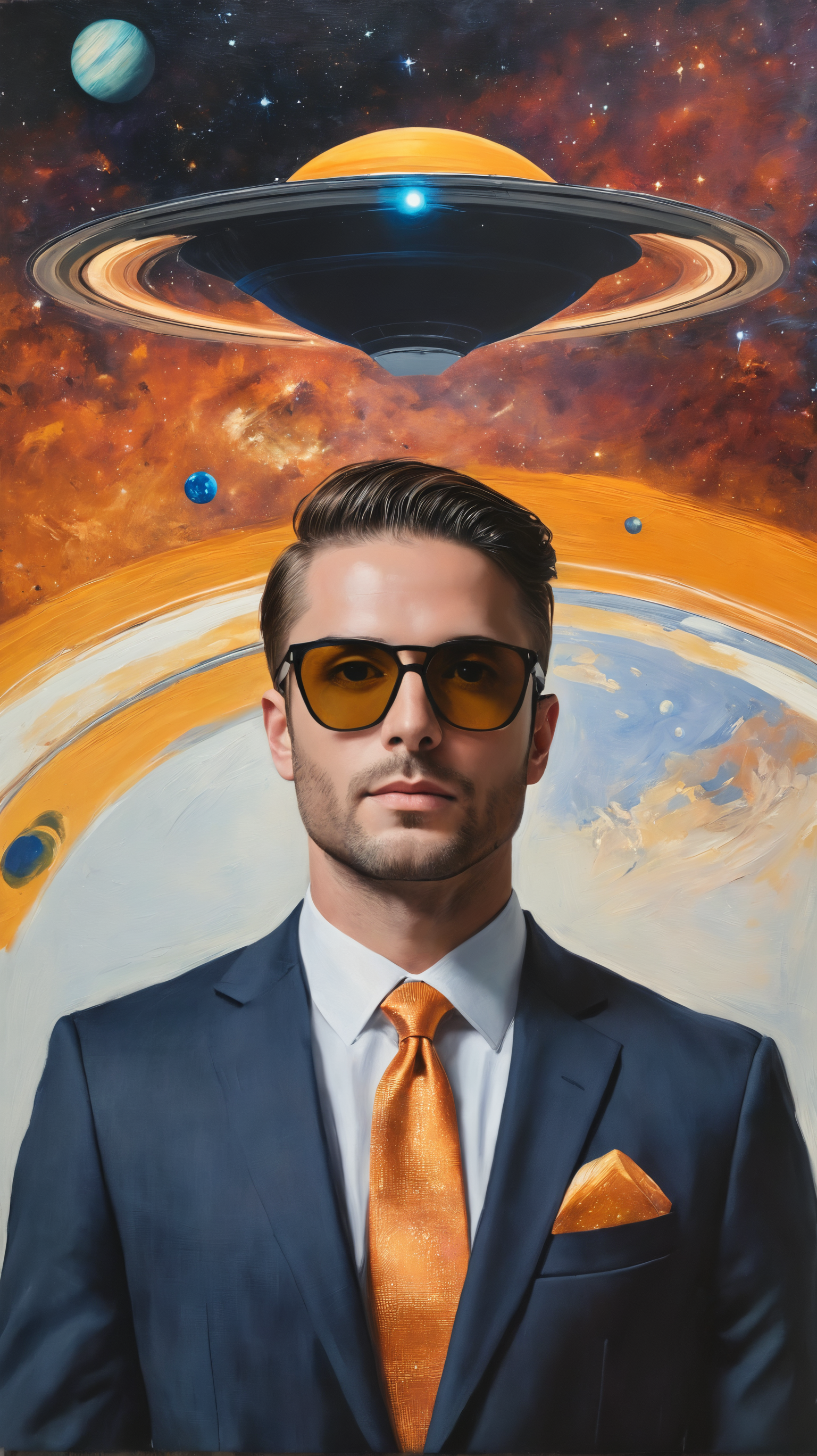 a man in a suit with a Saturn instead of his head, a surrealist painting, by Eglon van der Neer, unsplash, artwork in the style of guweiz, suit and tie, head and waist potrait, without eyes, with a big head, faceless people, head as a planet, professional profile picture, orange halo, realistic photo