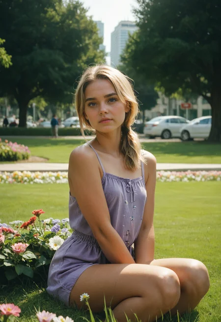 score_9, score_8_up, score_7_up, photo, Film still, cinematic, film grain, shot on kodak ektachrome 200 35mm, chromatic aberration, a beautiful woman, 22yo, very pretty, narrow face, blonde hair, low ponytail, blue eyes, tan, wearing a short purple romper, small breasts, sitting in the grass, city Park, trees, flower garden, volumetric light, <lora:EnvyPonyPrettyEyes01:0.4>
