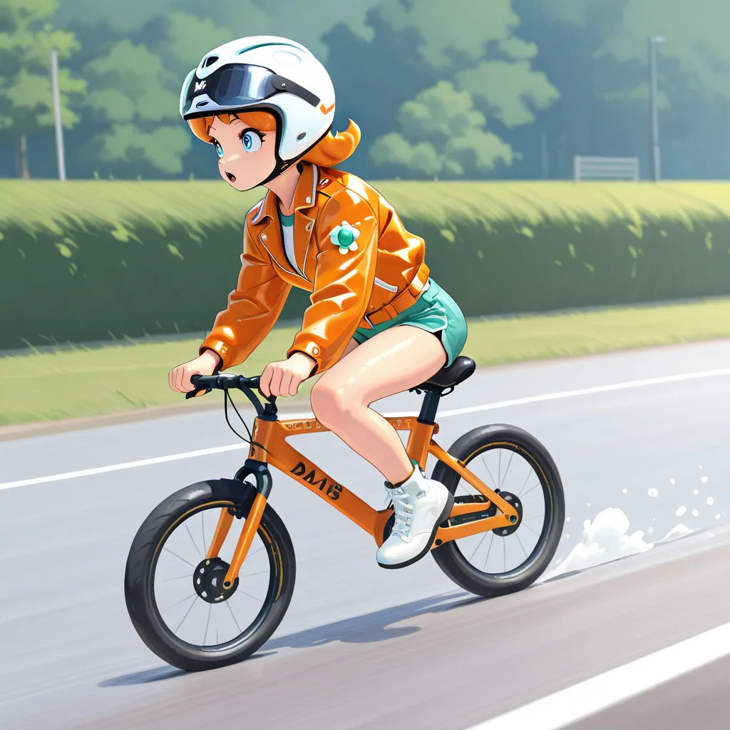 <lora:Daisy MKW Adventure Illustrious:.9> DaisyMKWAdventure, solo, orange jacket, shorts, riding bike, helmet