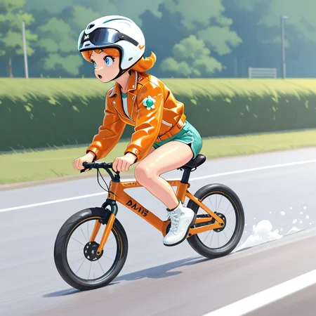 <lora:Daisy MKW Adventure Illustrious:.9> DaisyMKWAdventure, solo, orange jacket, shorts, riding bike, helmet