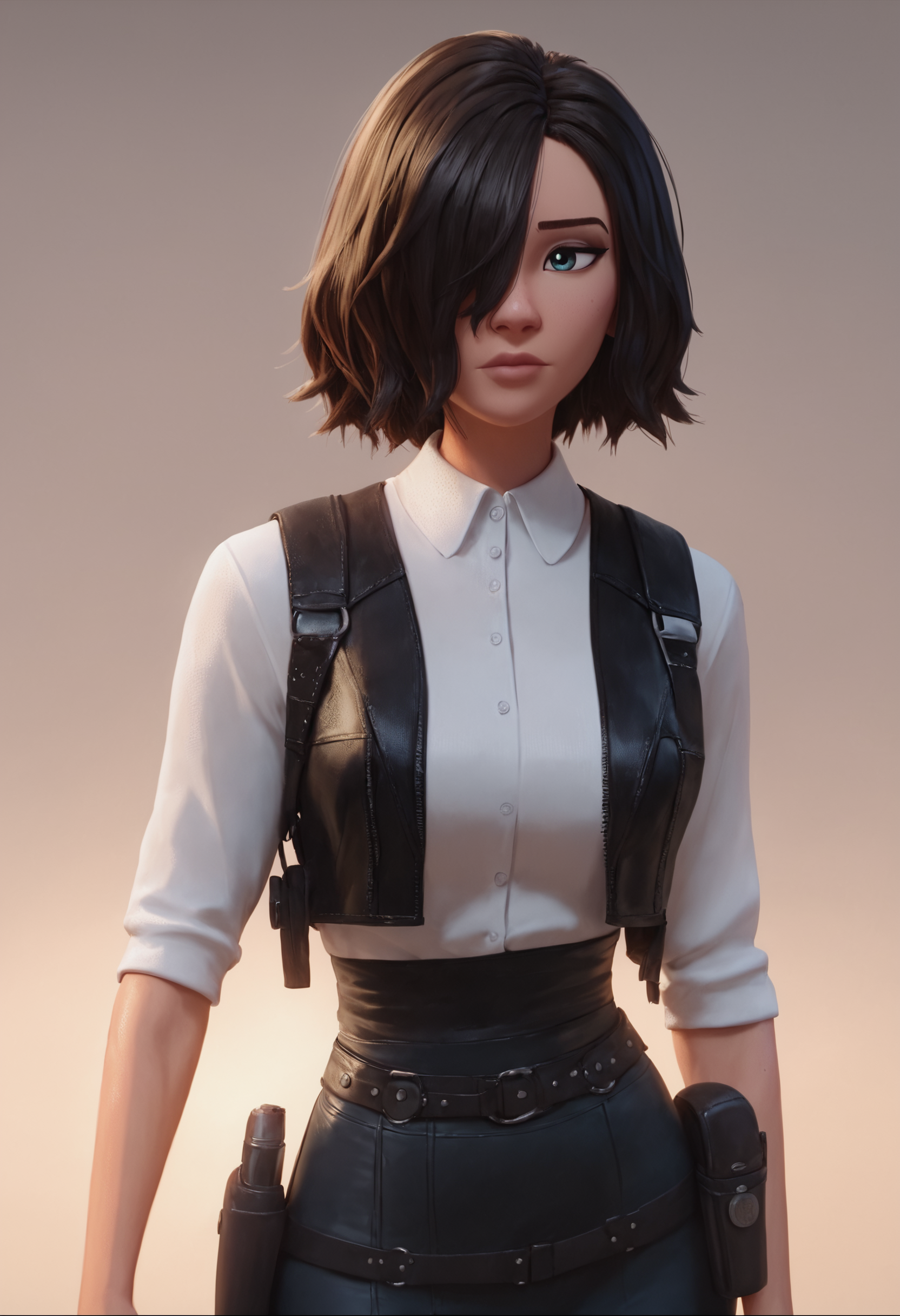 <lora:morales:0.8> score_9, score_8_up, score_7_up,  mrls, white 1girl, solo, white shirt, leather vest, holsters, [large breast:0.3], black bob hair, hair over one eye,