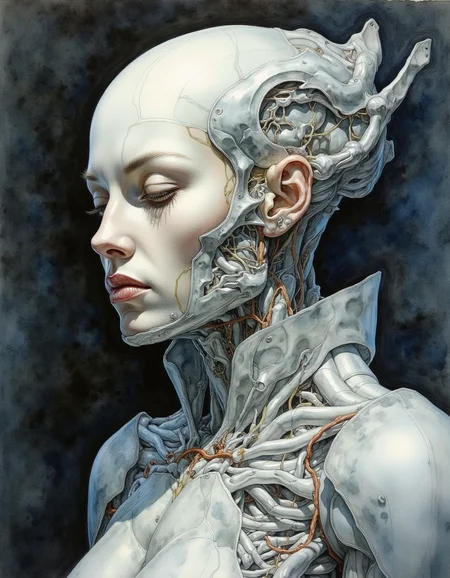 Portrait by Dorota Pietrowiak. This is a highly detailed, surrealistic watercolor painting of a a futuristic, humanoid figure with a sleek, metallic, and almost skeletal appearance. The figure is depicted in a profile view, facing left, with a smooth, polished silver surface that reflects light, creating a glossy sheen. The head is completely bald, and the neck transitions seamlessly into a metallic exoskeleton, which extends down the body, forming a rigid, almost armor-like structure. The figure's skin is transparent, revealing intricate, organic-looking veins and arteries beneath the surface, giving it a lifelike quality despite its metallic exterior.
The background is a deep, dark gradient, which enhances the metallic shine of the figure and adds a sense of depth and mystery to the composition. The figure's facial features are subtly detailed, with a calm, almost serene expression. The ears are small and rounded, and the lips are slightly parted, suggesting a contemplative or introspective mood. The overall style of the artwork is highly realistic and scientifically accurate, blending elements of both human anatomy and futuristic technology, creating a hauntingly beautiful and futuristic aesthetic. The image emphasizes the interplay between organic and mechanical forms, capturing a sense of otherworldly elegance. <lora:Dorota_Pietrowiak:0.8>