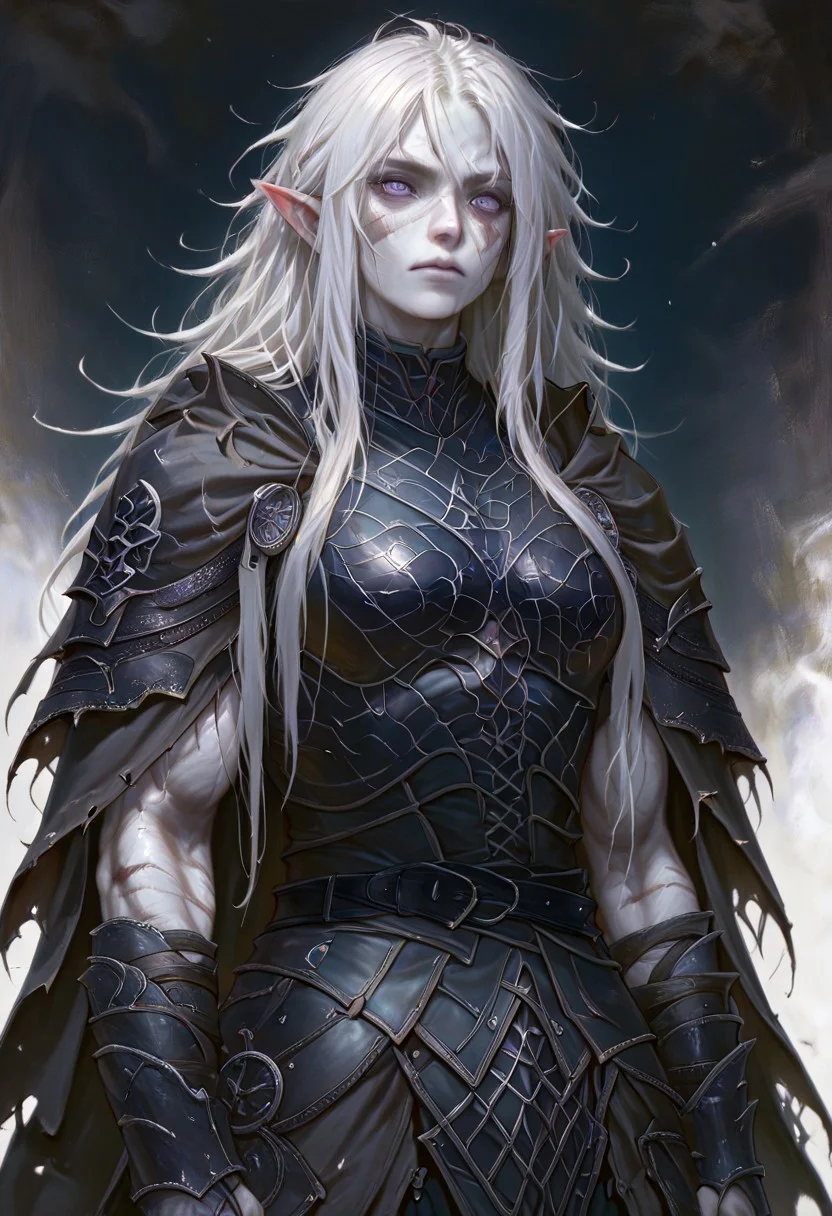 masterpiece, best quality, newest, absurdres, highres,
DPILV1.0,
1girl, pale, white skin, colored skin, pale skin, elf, pointy ears, muscular woman, armor, cape, leather armor, scar, scars on face, white hair, long hair, messy hair, black armor, black leather,