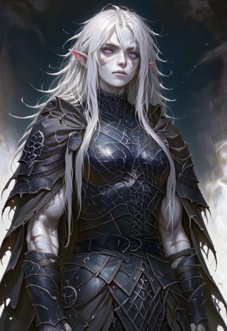 masterpiece, best quality, newest, absurdres, highres,
DPILV1.0,
1girl, pale, white skin, colored skin, pale skin, elf, pointy ears, muscular woman, armor, cape, leather armor, scar, scars on face, white hair, long hair, messy hair, black armor, black leather,