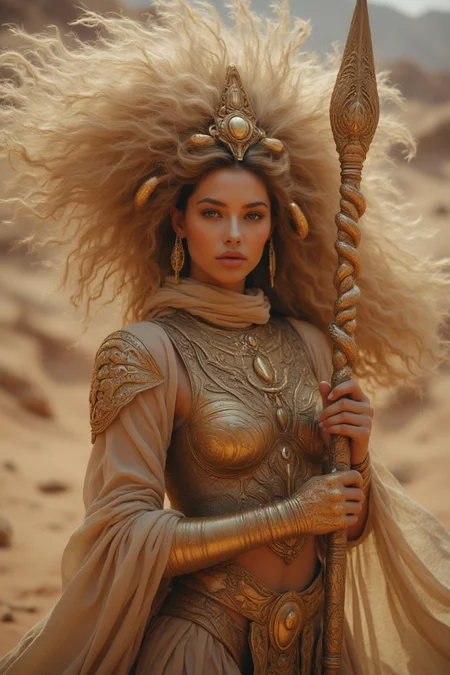 The sand empress, Extreme Upper Body Closeup Portrait, Sandy beige and bronze color graded, Face partially covered by a wind-swept scarf hood, Desert nomad inspiration, analog Photo of a fierce armored desert conjurer with a staff entwined with golden serpents, the serpents' eyes glimmering faintly, sandstorm sovereign, action pose, featuring a relentless, a desert warrior with translucent sand-based powers. She is depicted in a swirling sandstorm, gripping a spear made from crystallized sand. The glowing bronze outlines define the rugged lines of her form, weathered armor. The armor includes a rich bronze and beige chest piece with detailed hieroglyphic patterns.