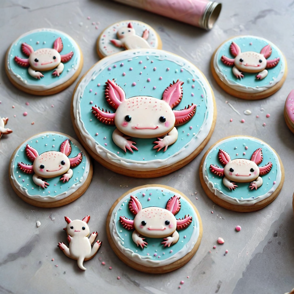 <lora:lora:1>cookie art design,  <lora:Axomodelv2.1:1> simple round cartoon  cookie art,  delicious cute axolotl  cookies  with icing, flat cookies, cookies with cute design  <lora:add-detail-xl:1.5>,