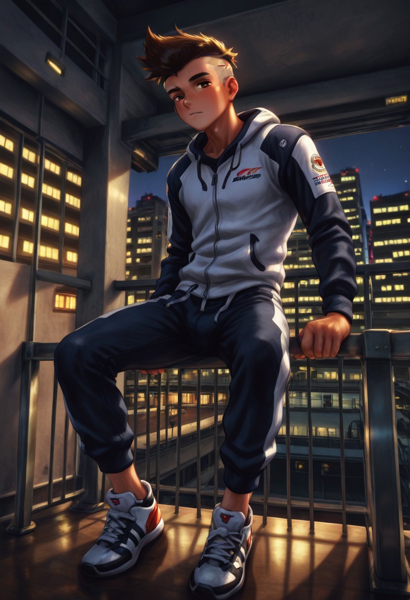 masterpiece, best quality, amazing quality, very aesthetic, absurdres, newest, racingGear, edgerunner, 1boy, solo, brown eyes, brown hair, mohawk, undercut, sneakers, indoors, apartment, balcony, sitting on railing, bludwing-style,