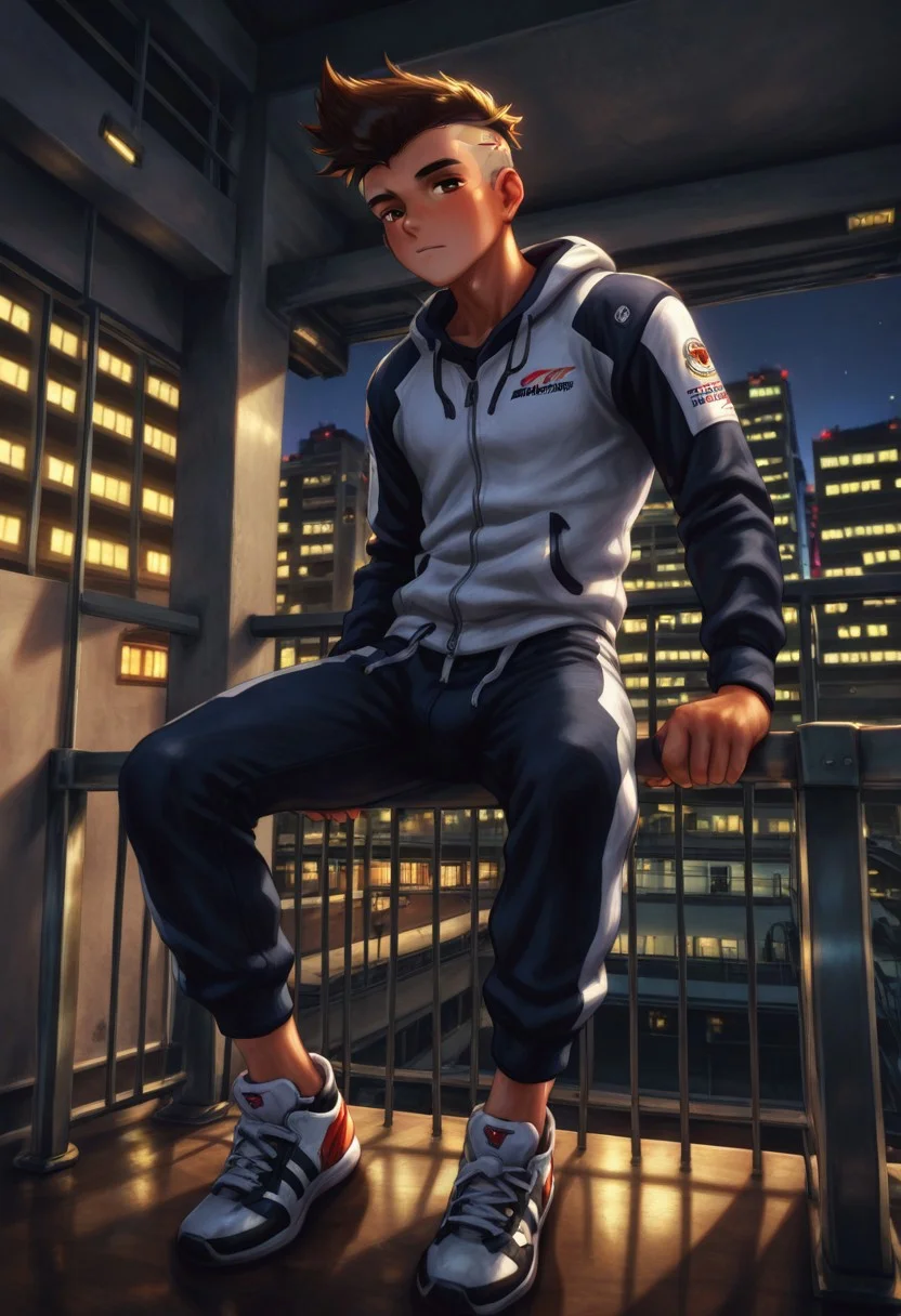 masterpiece, best quality, amazing quality, very aesthetic, absurdres, newest, racingGear, edgerunner, 1boy, solo, brown eyes, brown hair, mohawk, undercut, sneakers, indoors, apartment, balcony, sitting on railing, bludwing-style,