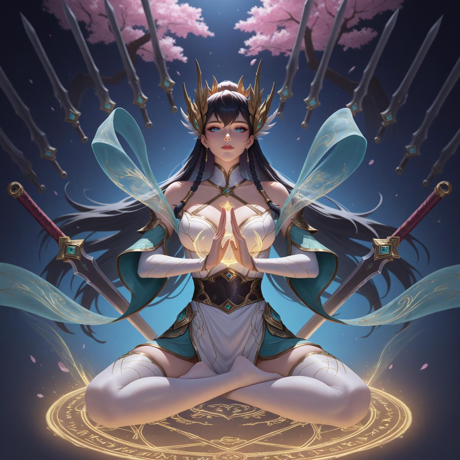 masterpiece, best quality, highres, newest, absurdres,ireliadivine, 1girl, two toned dress, white dress, teal dress, blue eyes, detached sleeves, golden hair ornament, bare shoulders, black hair, twin braids, long hair, golden ornate belt, detached collar, teal ribbons, white thighhighs, meditation pose, lotus position, floating, glowing magic circle, cherry blossom grove, floating swords, moonlight, ethereal glow, gentle breeze, full body,<lora:DivineSwordIrelia1980Test:1>