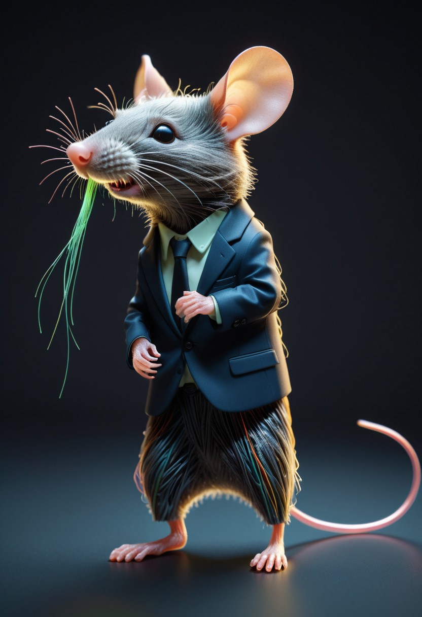photo of a cute mouse standing wearing a business suit made of tiny neon glass filaments, make CivChan happy