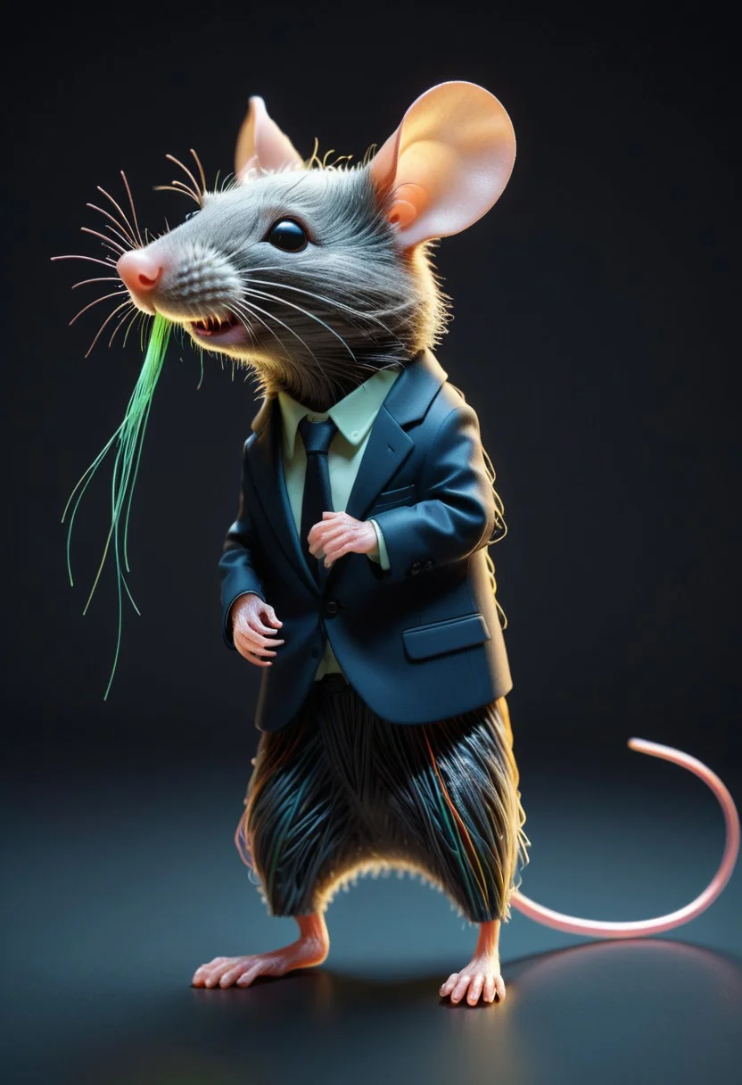 photo of a cute mouse standing wearing a business suit made of tiny neon glass filaments, make CivChan happy