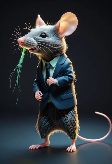 photo of a cute mouse standing wearing a business suit made of tiny neon glass filaments, make CivChan happy