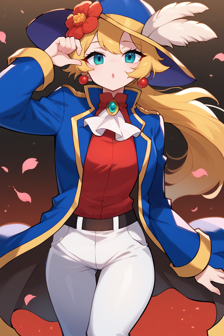 score_7_up, BREAK <lora:ssambatea-guy-PONYv1:1>, 1girl, solo,  <lora:PrincessPeach_XLPD:0.7>  IncrsPchSwordfighter, long hair, ponytail, hat feather, ascot, white pants, hat flower, long sleeves, petals, red flower, red shirt, blue jacket, feathers, blue coat, coat, blue headwear, brooch, jewelry, earrings