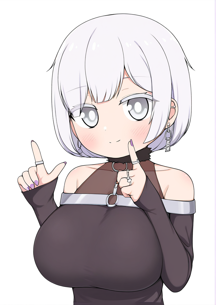 <lora:Pelican:1>,1girl, huge breasts, bare shoulders, blush, bob cut, breasts, closed mouth, colored eyelashes, dress, earrings, eyelashes, eyes visible through hair, fur collar, hands up, index finger raised, jewelry, long sleeves, looking at viewer, multiple rings, nail polish, off shoulder, own hands together, purple nails, ring, short hair, silver trim, sleeves past wrists, smile, solo, split mouth, upper body, w, white eyes, white hair,