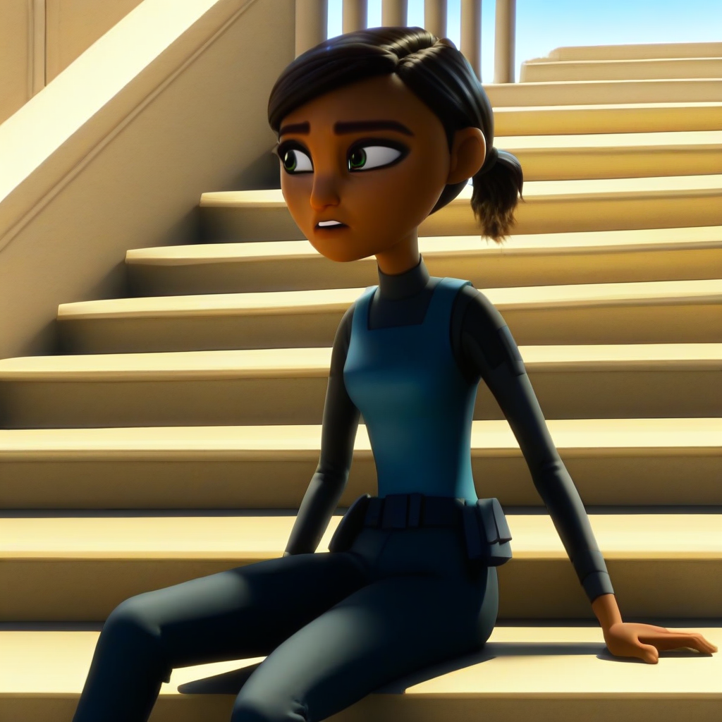 masterpiece, best quality, solo, marcy_sid, dark skin, short hair, brown hair, ponytail, bulletproof vest, long sleeves, belt, pants, sitting, stairs, outdoors