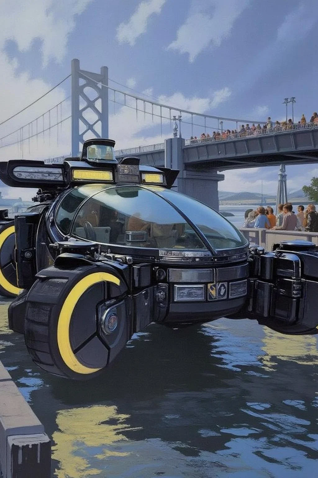 sydme1 painting of a black spinner flying hovercraft with a yellow stripe running down its side and two front wheels. The cockpit of the hovercraft is made of glass, and it has a yellow light shining through it. In the distance, a group of people can be seen walking on a bridge. <lora:sydme6_cap_d6a3:1.0><lora:810972473823649496:0>