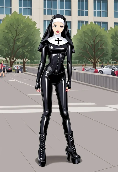 A cute woman, A Latex nun, corset, rubber suit, tight corset, long latex golves, latex leggings, knee high boots, in a city. highly detailed portrait, vector art, flat coloring, cel shaded, cel shading, illustration, vector illustration, vector coloring, masterpiece, best quality, psztzz