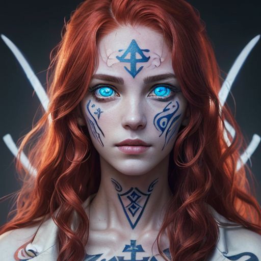 bright red hair, human female, (feminine:1.7), (beautiful face, detailed face:1.6), (beautiful eyes, detailed eyes:1.7), (looking at viewer, eye contact, intense:1.6), (long hair, red hair, curly hair:1.3), , ((masterpiece, best quality, high resolution, realistic, best quality,)), photo realistic, Perfect Face, (detailed face). <lora:GoodHands-vanilla:0.6> <lora:add-detail-xl:0.8>, mage, (Dress White military uniform coat), dagger, rune dagger, glowing runes, , (((glowing magic symbols tattoos, religious tattoos))), ((face tattoos)), glowing tattoos, stone tower in the background