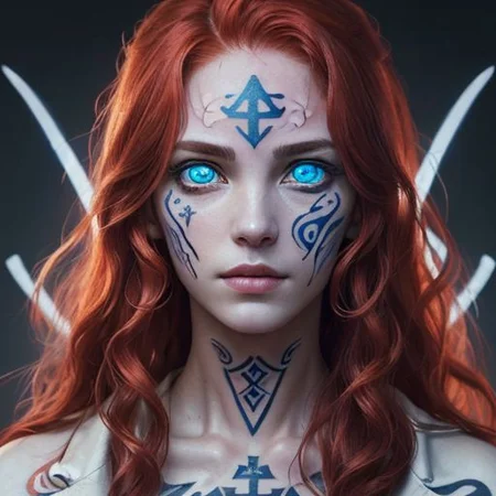 bright red hair, human female, (feminine:1.7), (beautiful face, detailed face:1.6), (beautiful eyes, detailed eyes:1.7), (looking at viewer, eye contact, intense:1.6), (long hair, red hair, curly hair:1.3), , ((masterpiece, best quality, high resolution, realistic, best quality,)), photo realistic, Perfect Face, (detailed face). <lora:GoodHands-vanilla:0.6> <lora:add-detail-xl:0.8>, mage, (Dress White military uniform coat), dagger, rune dagger, glowing runes, , (((glowing magic symbols tattoos, religious tattoos))), ((face tattoos)), glowing tattoos, stone tower in the background