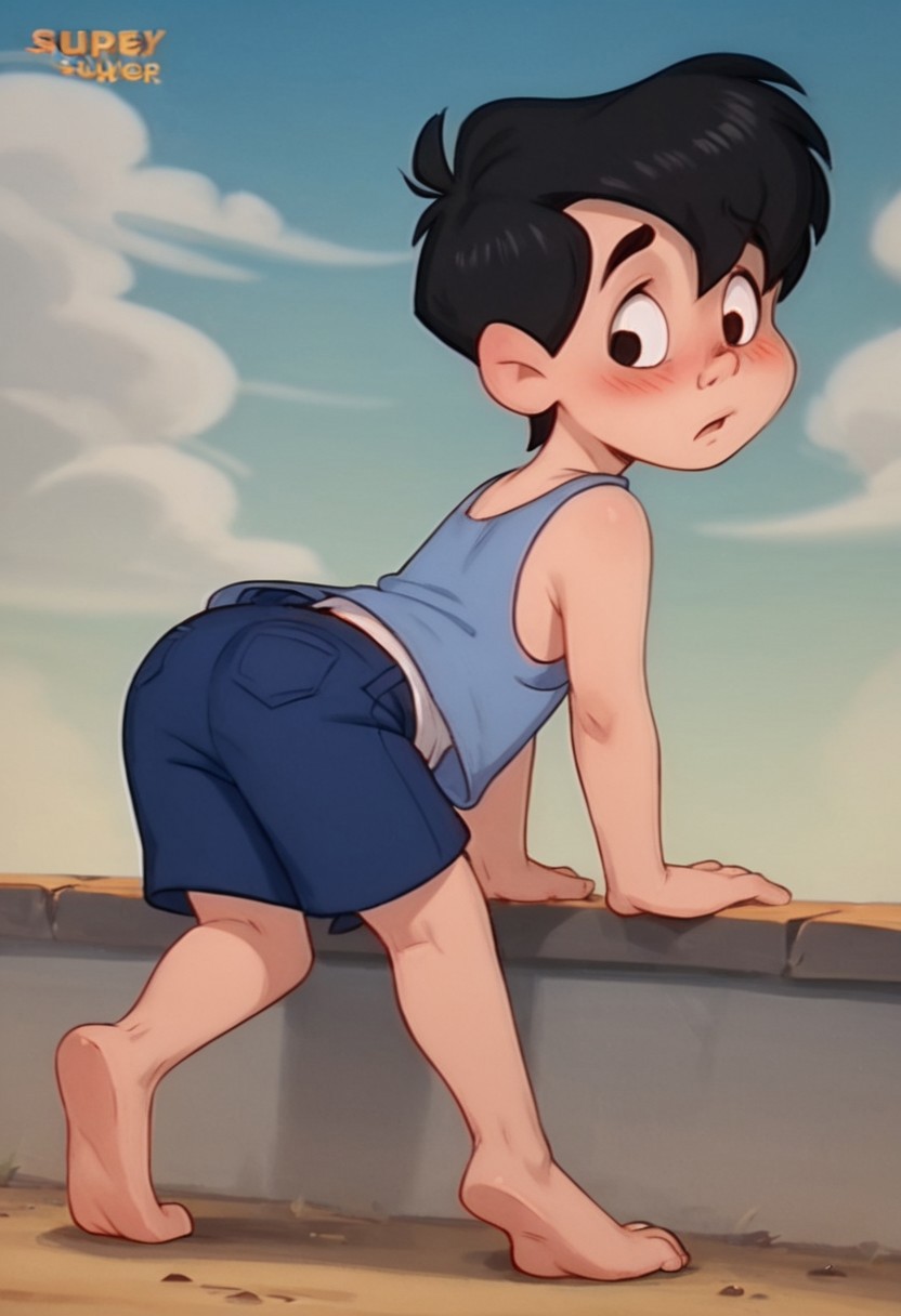 score_9, score_8_up, score_7_up, score_6_up, 1boy, solo, male, Neddiehugson, 1boy, solo,  black hair, short hair, black eyes, thin body, thin face, short stature, cute boy, blushing, shy, tank top, shorts, barefoot, from behind, looking back