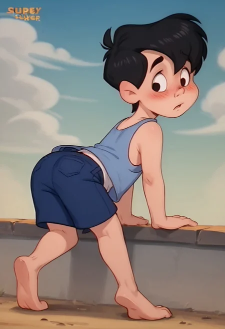 score_9, score_8_up, score_7_up, score_6_up, 1boy, solo, male, Neddiehugson, 1boy, solo,  black hair, short hair, black eyes, thin body, thin face, short stature, cute boy, blushing, shy, tank top, shorts, barefoot, from behind, looking back