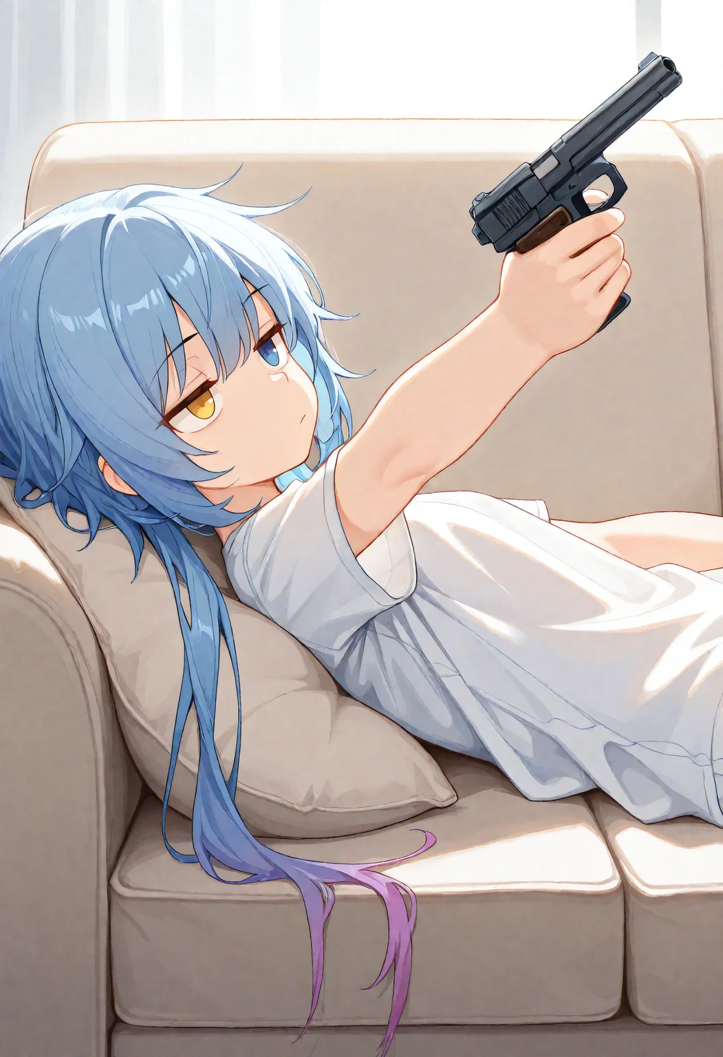 masterpiece, best quality, amazing quality, <lora:illuSPP-1e21:0.9> 1girl, solo, SPP-1GFL, long hair, blue hair, low twintails, gradient hair, blue eyes, heterochromia, yellow eye, oversized white t-shirt, lying back on sofa, holding handgun, one-handed, aiming up, looking upwards, bored, jitome, side view,