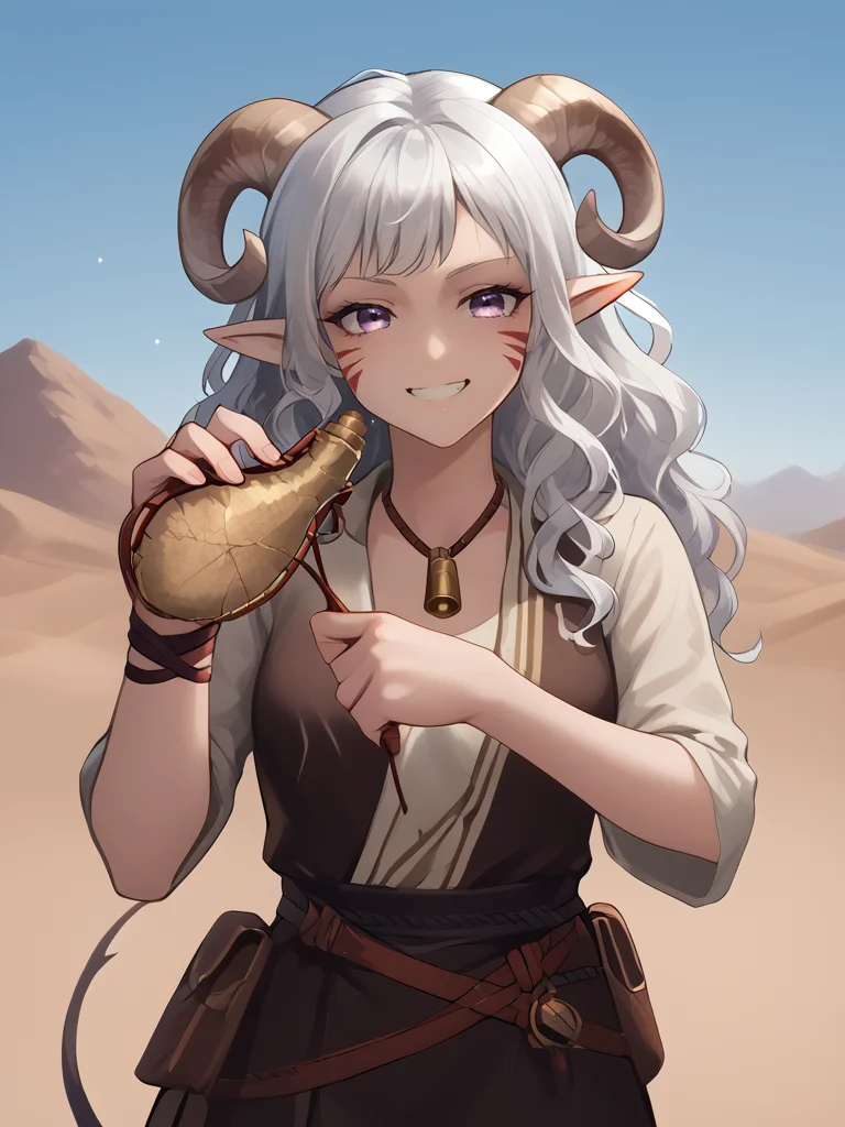 source_furry, score_7_up, rating_safe, source_anime, anime face, <lora:whisker_markings:0.8>red whisker_markings, silver long wavy hair, bell necklace, short pointy ears, purple eyes, <lora:age_slider_v4:0.6>
waterskin:1.5, on wrist:1.4, belt, holding waterskin by one hand:1.5, water drop,
<lora:Smooth Style 2 SDXL_LoRA_Pony Diffusion V6 XL:0.4> smile, open eyes, <lora:Test_Diana:0.8> tiefling_bard_diana:1.2, <lora:INKxXmo shaded face:0.5> Shaded FaceINKxXmo Dark Theme,
<lora:waterskin:1.8> desert,