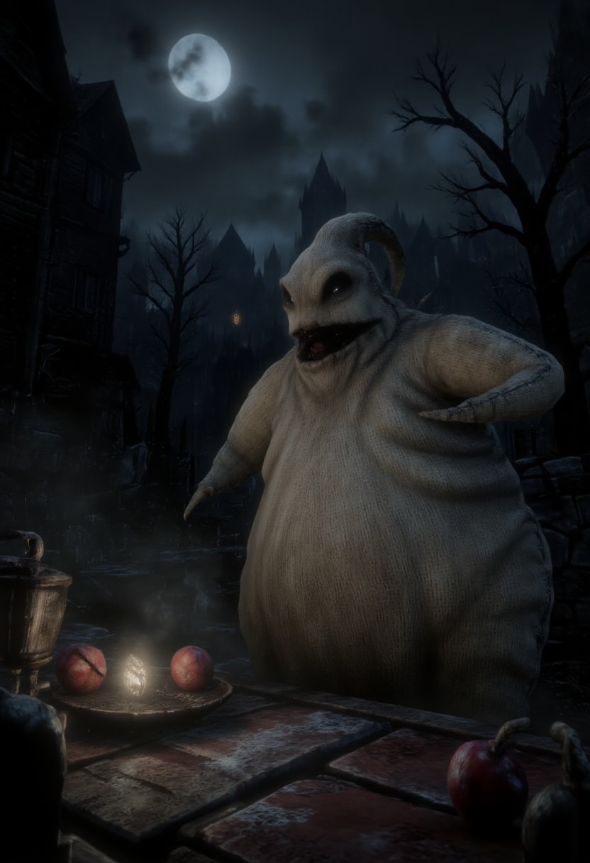 A 3D-rendered image of Oogie Boogie, humanoid, burlap sack-like creature, featuring glowing dice, eerie game pieces, and a haunted mansion backdrop.
aidmaMJ6.1, horror theme, dark, aidmaHyperrealism, aidmaimageupgrader, aidmafluxpro1.1