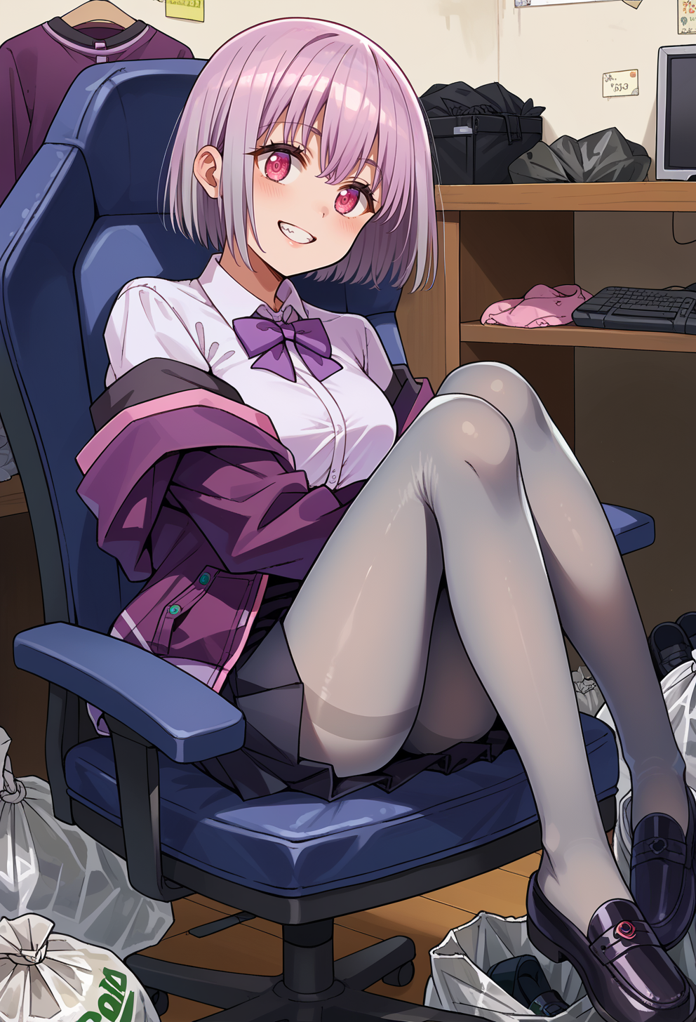 score_9, score_7_up, source_anime, BREAK grin, messy room, trash bag, hugging own legs, sitting, feet on chair, gaming chair,  <lora:AEAkane (2):0.9> AEAkaneDef, pink eyes, short hair, dress shirt, purple jacket, off shoulder, open jacket, black skirt, pleated skirt, purple bowtie, gradient pantyhose, grey pantyhose, black pantyhose, shoes, black footwear,