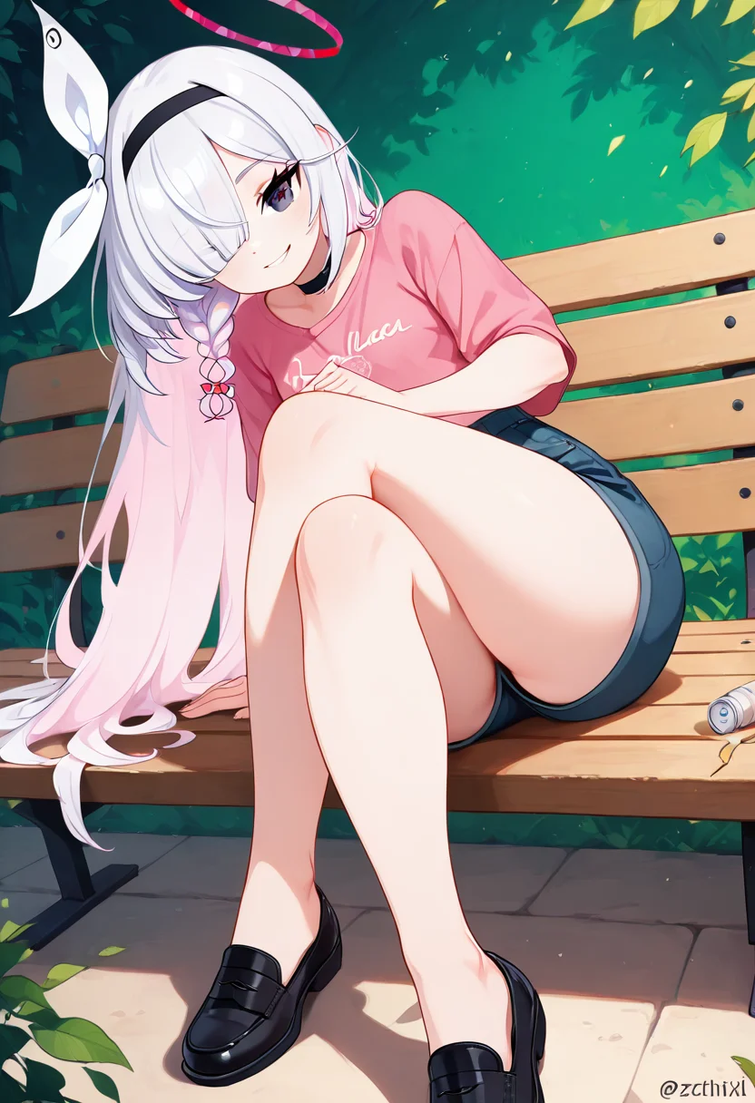 masterpiece, best quality, solo, curvy, beautiful eyes,  narrow waist, wide hips, zzPlana, grey eyes, white hair, bangs, braid, ribbon, halo, hair over one eye, black choker, bow hairband, hairband,  dynamic angle, foreshortening, close up, smile, looking at viewer,   ,       <lora:PlanaBlueArchiveIXL:1.0>, [Casual Park Hangout], Pink shirt, short shorts, baseball cap, slip-on shoes, Relaxing on a bench beneath shady trees, with the sound of distant laughter and leaves rustling in the breeze.