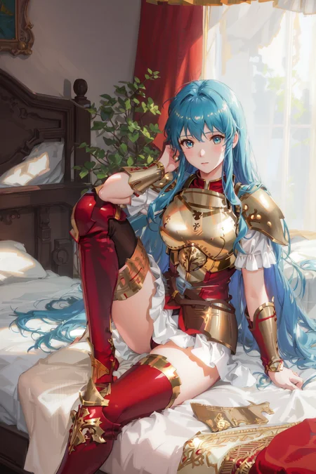 <lora:eirikaFireEmblemSacred_v10:0.7>, eirika fe, <lora:Eirika_FE-15:0.7>, 1girl, solo, blue hair, white thighhighs, red armor, gold breastplate, sitting on bed with legs up and feet on bed, bedroom, best quality, highest quality, ultra-detailed, ultra detailed background, masterpiece, masterpiece portrait, illustration:1