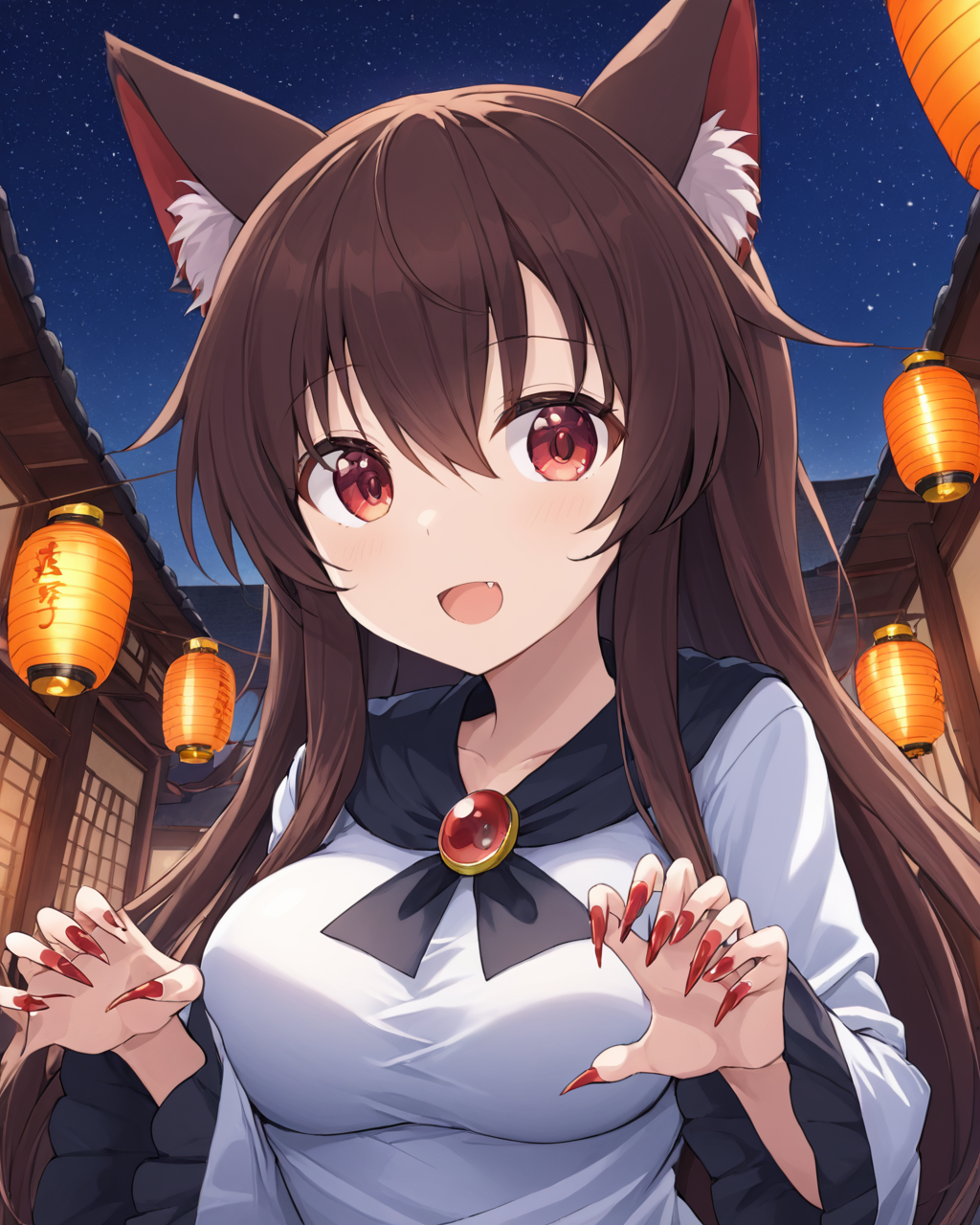 imaizumi kagerou,1girl, solo, brooch, looking_at_viewer, open_mouth, long_sleeves, fang, own_hands_together, red_nails, chopsticks, outdoors, :d, white_dress, night_sky, paper_lantern, wide_sleeves, fingernails, nail_polish, breasts
<lora:imaizumi_kagerou_image5677_2023-12-20-000008:1>,star-shaped_pupils,symbol-shaped_pupils,. gorgeous,key visual, vibrant, studio anime,award-winning, professional, highly detailed,high budget, cinemascope