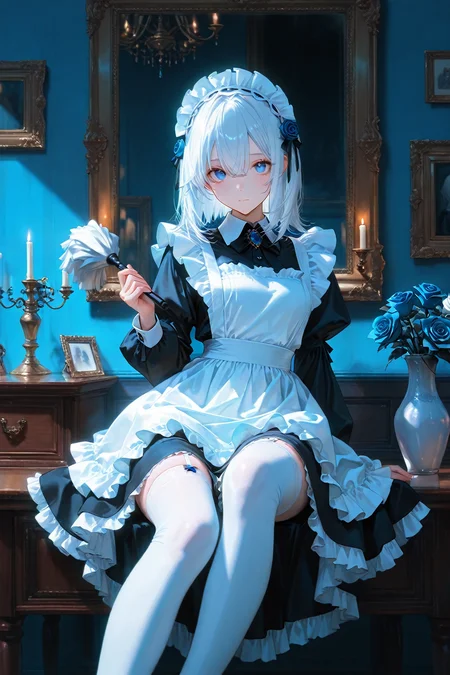 masterpiece,best quality,1girl, maid, apron, white thighhighs, flower, thighhighs, blue flower, solo, rose, dress, sitting, maid apron, maid headdress, blue eyes, frills, blue rose, looking at viewer, mirror, black dress, long sleeves, bangs, frilled apron, shoes, holding, black footwear, collared dress, closed mouth, white apron, hair ornament, white hair, reflection, candlestand, picture frame, blue theme, indoors, chandelier, white flower, white rose, vase, candle, frilled dress, duster, puffy sleeves, blue gemstone, medium hair, hair between eyes, bow,<lora:TheWorldIsRedILL:0.7>,twir,