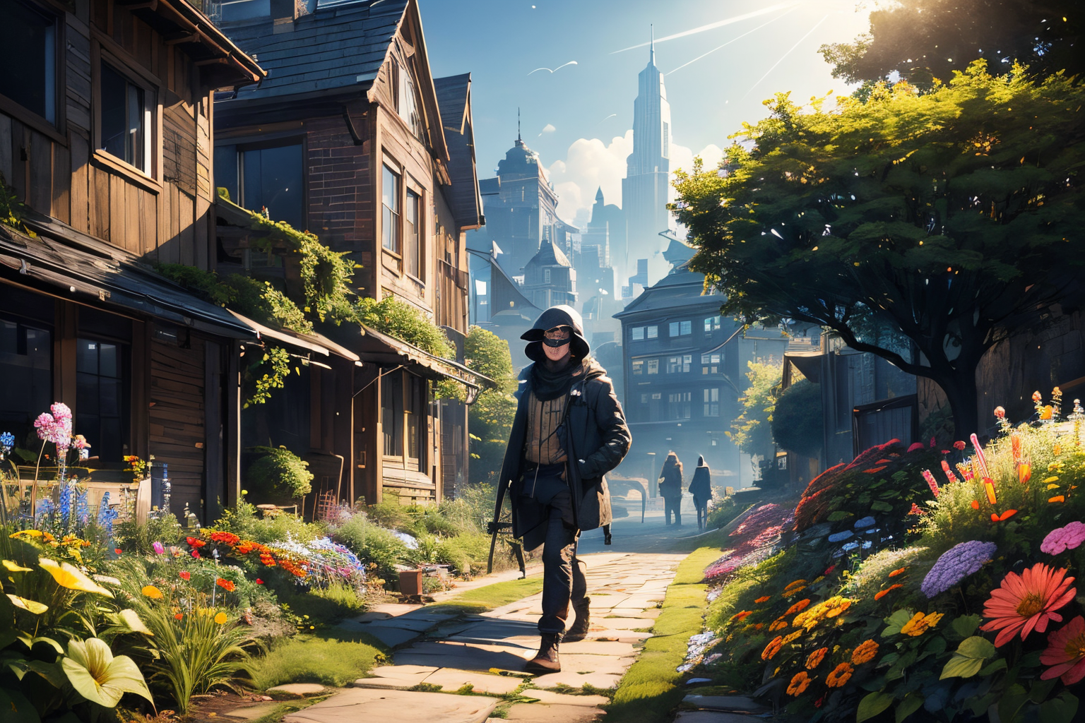 (Realistic:1.5) dappled sunlight, open mouth, fish, 1other, black background, city lights, cityscape, building, jellyfish, field, flower, simple background, one-eyed, walking, field, garden, hood, light rays, goggles, garden, <lora:EdobSyFyHorrorFairyTale_v1.0:0.8>