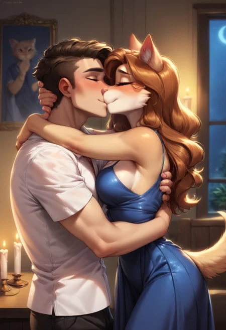 score_9, score_8_up, score_7_up, e621, sexy anthro cat kissing human male, (anthro cat has a pretty face, cute, horny, summer dress, smiling, long hair, medium breasts, clothed female, elegant blue night dress, blue night dress), male human, (1boy, human male, shy, black pants, white shirt), kissing, living room, candles, dark room, perfect eyes, furry girl, furry, anthro, side view, identical height, beautiful face, 1girl, 1boy, romantic couple