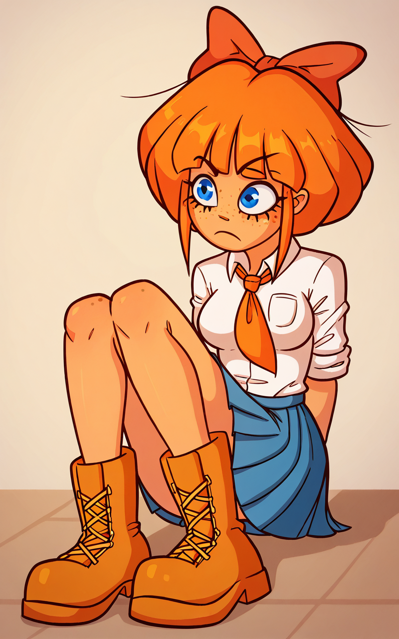 score_9, score_8_up, <lora:zelligxl-v2:1> 1girl, zellig_mymy, orange hair, hair bow, blue eyes, freckles, medium breasts, school uniform, white shirt, pleated skirt, boots