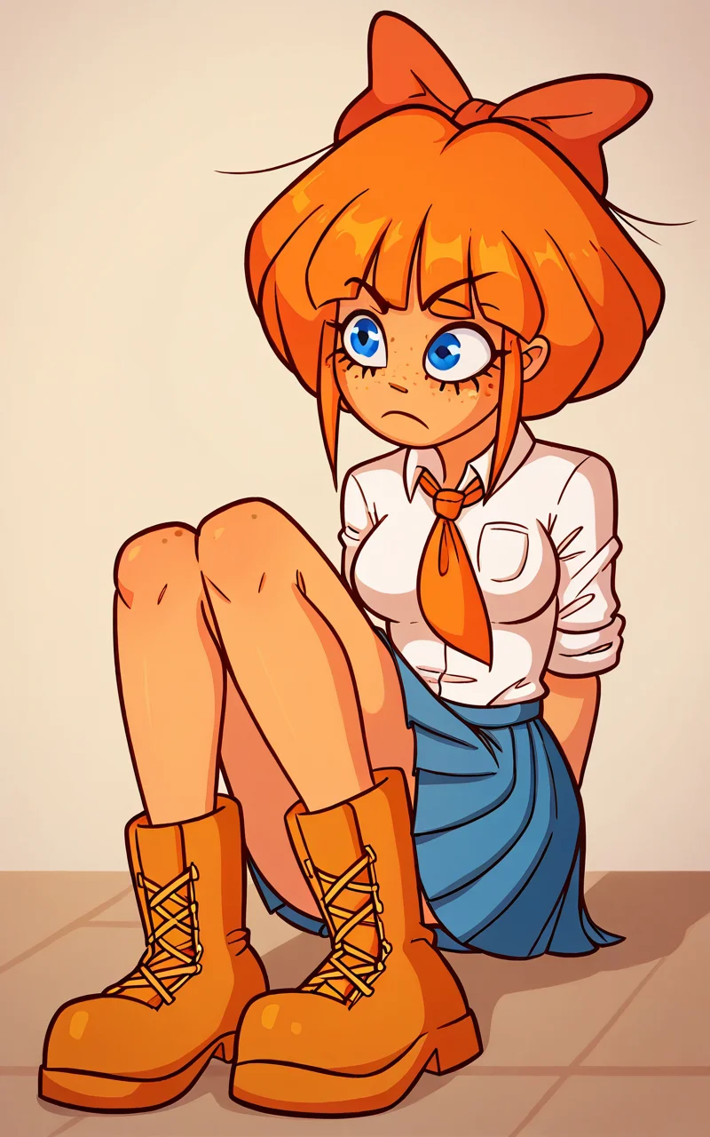 score_9, score_8_up, <lora:zelligxl-v2:1> 1girl, zellig_mymy, orange hair, hair bow, blue eyes, freckles, medium breasts, school uniform, white shirt, pleated skirt, boots