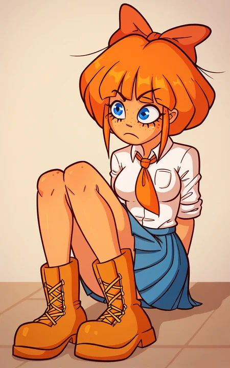 score_9, score_8_up, <lora:zelligxl-v2:1> 1girl, zellig_mymy, orange hair, hair bow, blue eyes, freckles, medium breasts, school uniform, white shirt, pleated skirt, boots