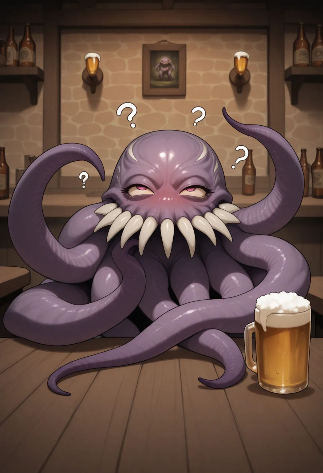 safe_pos, masterpiece, best quality, amazing quality, very aesthetic, absurdres, newest, ultros, monster, no humans, beer, drunk, question mark, pub background